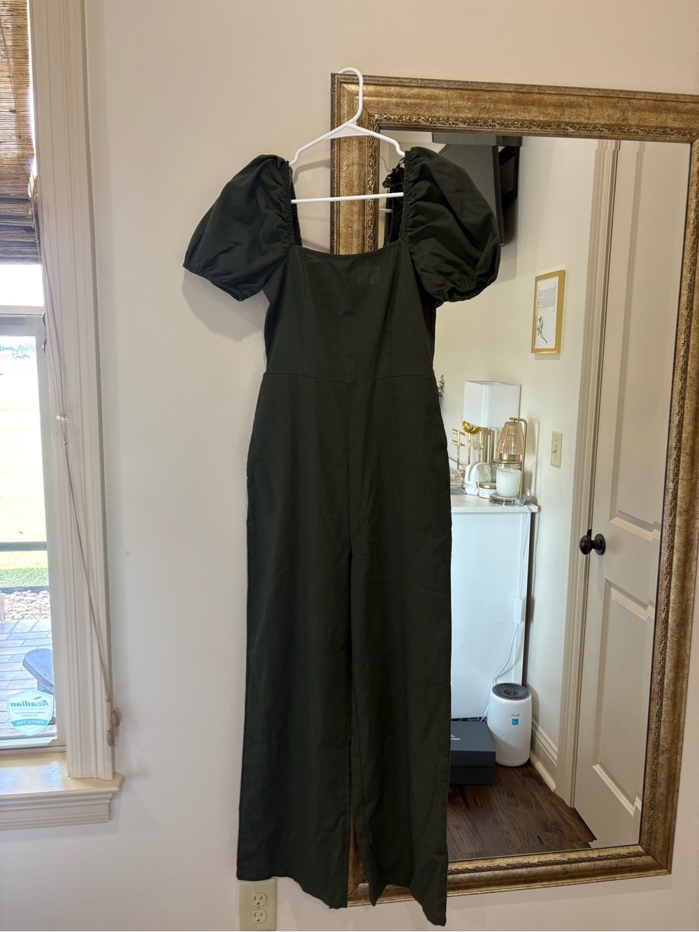 Olive Puff-Sleeve Wide-Leg Romper
